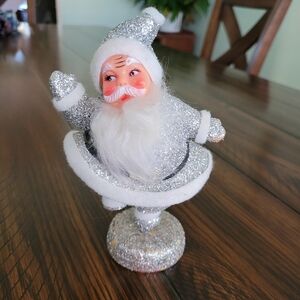 VINTAGE Santa Dancing Flocked Silver Santa Clause Figure Holiday Christmas